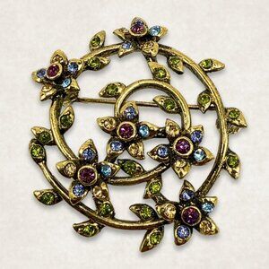 Vintage Monet Brooch Gold Tone Spiral Floral Green Blue Purple Rhinestones W OS